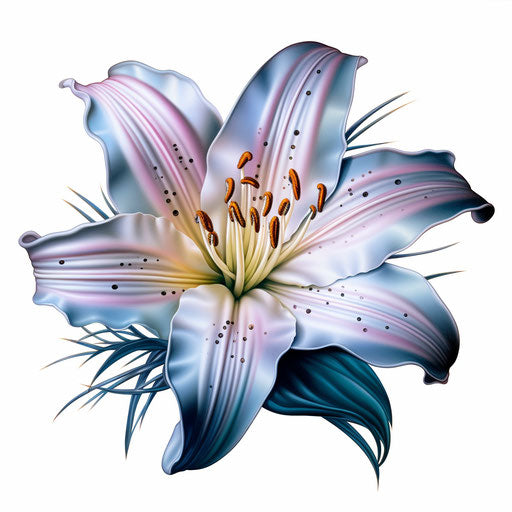 White tattoo of a lily with yellow petals, digital airbrushing style