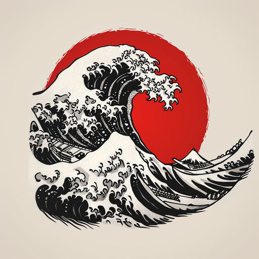 Detailed tattoo sketch of a traditional Japanese wave in minimalist black ink on a flat clipart style background