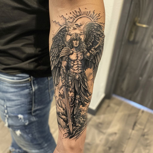 Warrior angel arm tattoo in the style of Steve McNiven