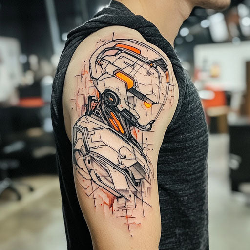 Upper arm tattoos for men with a futuristic cyborg