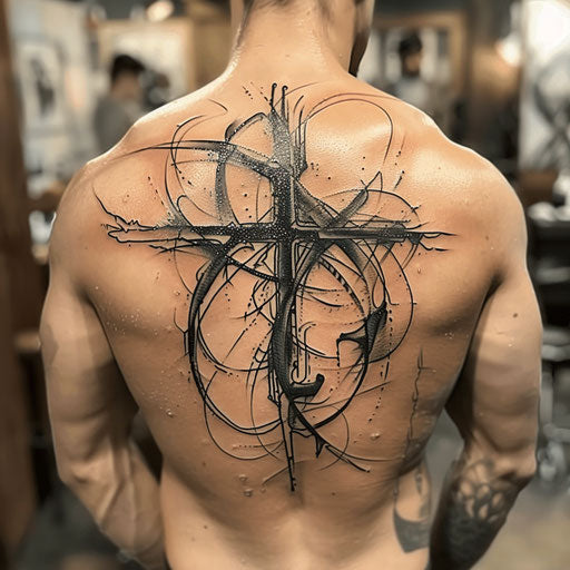 Abstract strength cross tattoo blending swirls and sharp angles