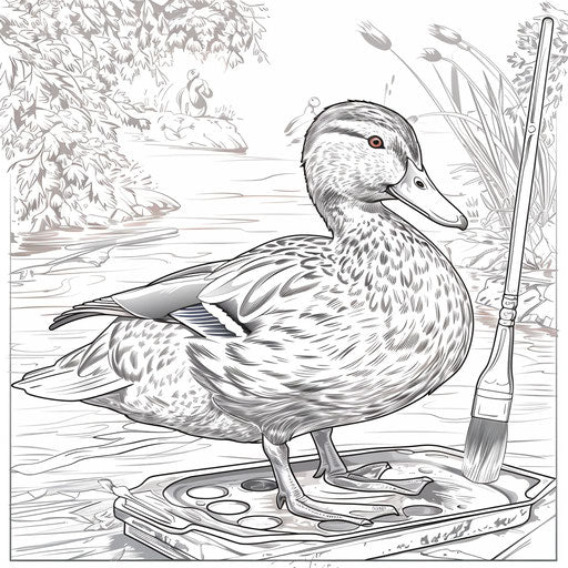 Duck painting on canvas with palette and brush. Coloring book page