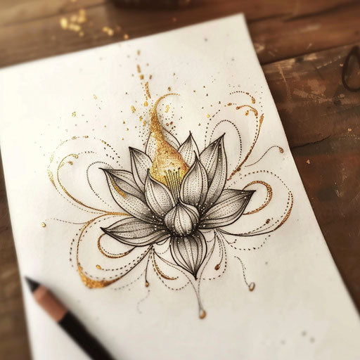 Elegant tattoo sketch of a lotus flower with gold dusted petals