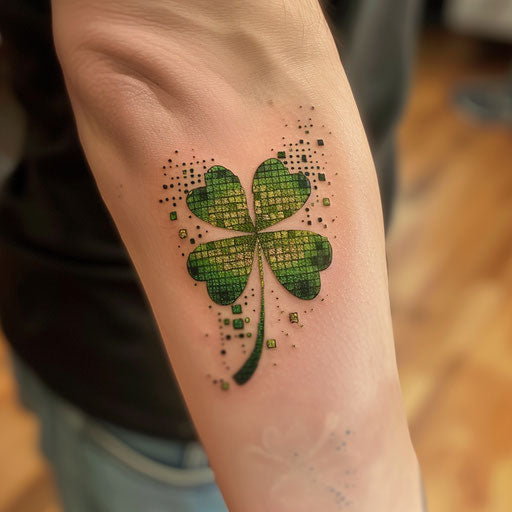 Modern shamrock tattoo with digital pixel art design in various shades of green on white digital screen