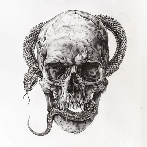 Mortal Wisdom: Skull tattoo with weaving serpent