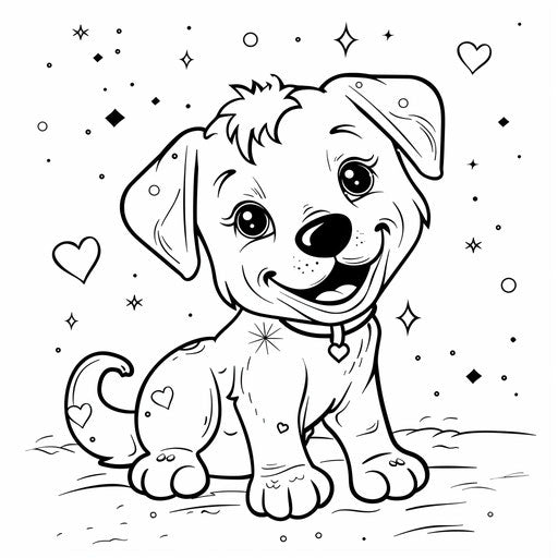 Outline of puppy with hearts and stars. Coloring book page