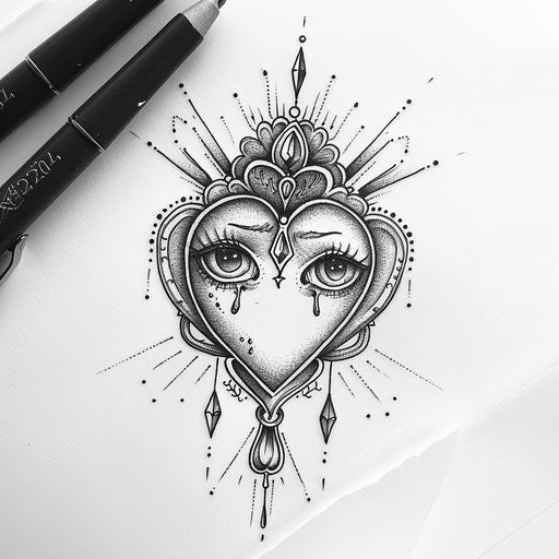 Stylish sketch of a weeping heart with Art Deco adornments