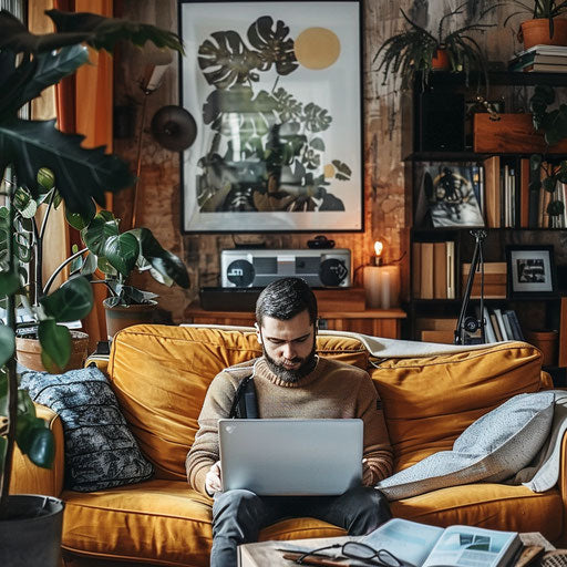 Digital nomad working in a cozy living room