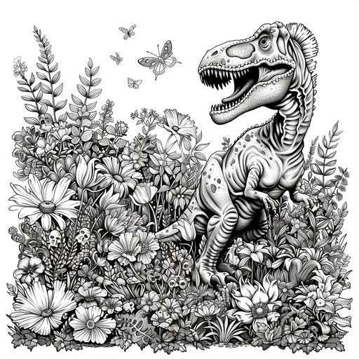 Unexpected garden with T-Rex among intricate flora