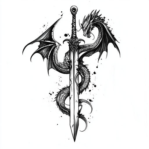 Stylized drawing of a tribal dragon tattoo wrapped around a sword on pure white