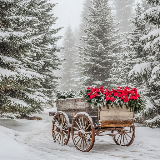Winter scene with decorated wooden wagon in snowy forest
