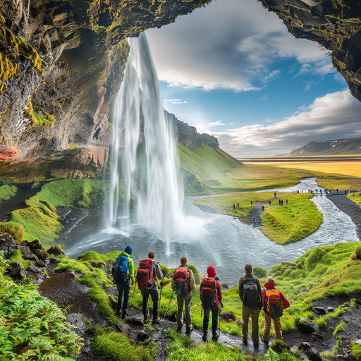 Seljalandsfoss Waterfalls, Iceland, with adventurous hikers