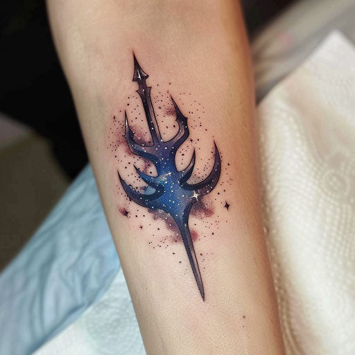 Cosmic trident tattoo with stars and galaxies in purples and blues on white