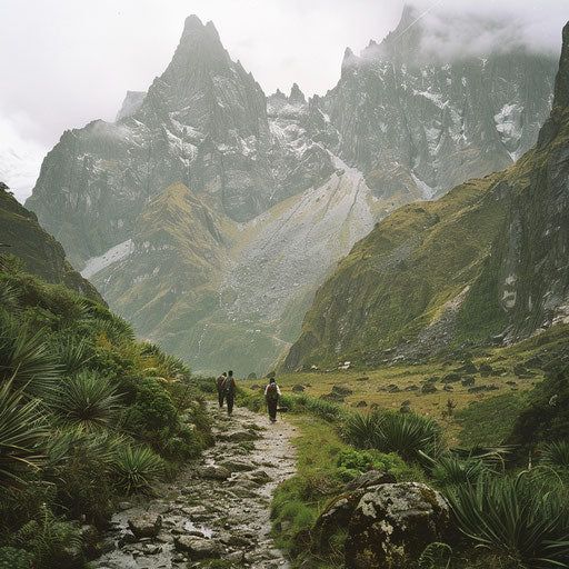 The Ruwenzori Mountains with climbers on a rugged trail