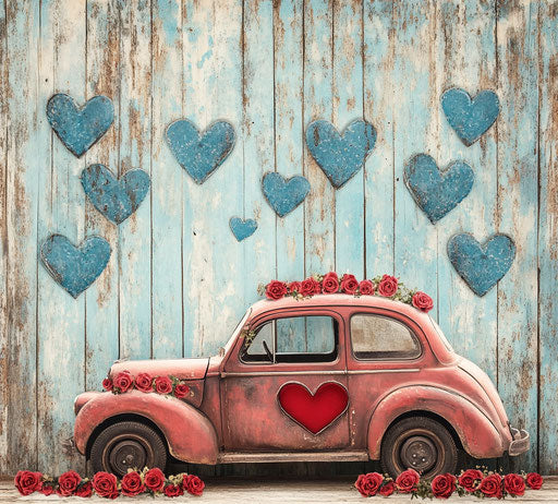 Vintage car with heart-shaped windows and red roses on the side