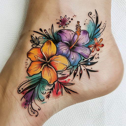 Ankle bracelet tattoo with tropical flowers and bright colors