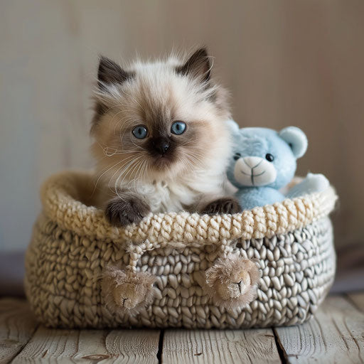 Himalayan kitten in a tiny bed with a soft toy bear
