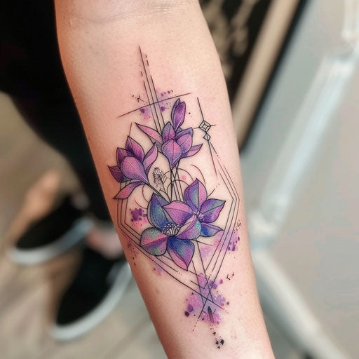 Stylized lilac tattoo with geometric patterns and pastel colors
