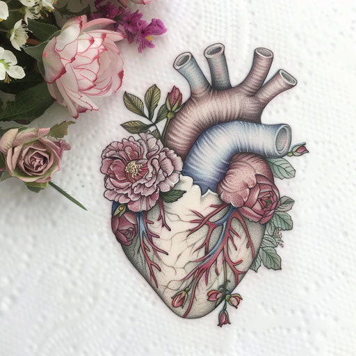 Anatomical heart tattoo mixed with floral elements soft pastel