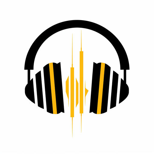 Audio logo in black and yellow with a sleek white background