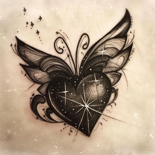 Whimsical flat tattoo sketch of a black heart with fairy wings and sparkling stars