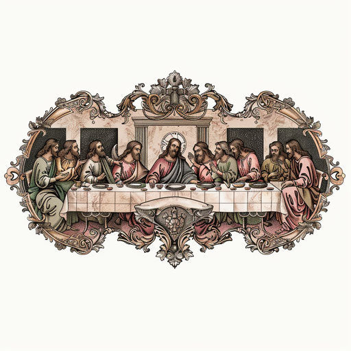 The Last Supper in tattoo style with intricate lace motifs