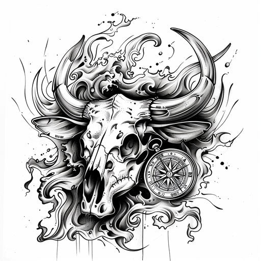 Nautical tattoo sketch of a cow skull with ocean waves and a compass in a traditional clipart style