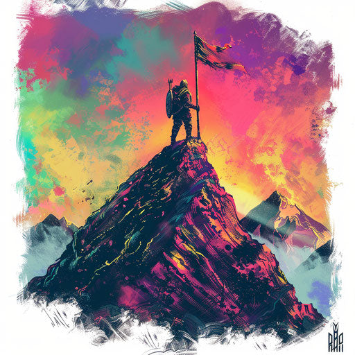 Triumph on the mountain with flag, motivational tattoo