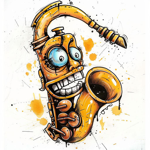 Playful tattoo sketch of a saxophone with eyes and a smile, golden yellow, clipart style