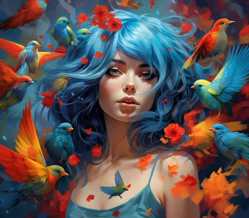 Beautiful girl with blue hair and flying hummingbirds