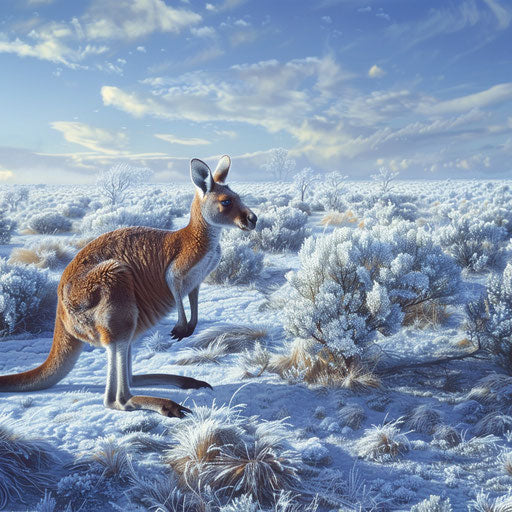 Red kangaroo in a cold and icy landscape