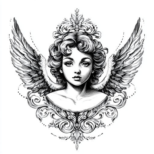 An angel neck tattoo with baroque style frame