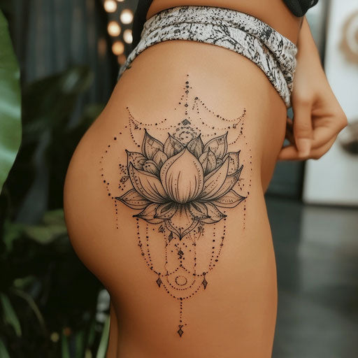 Side tattoos for women with a delicate lotus flower and mandala patterns, in the style of Maria Sibylla Merian