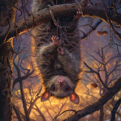 Possum hanging upside down from a tree branch at dusk