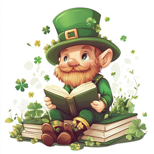 Cute leprechaun reading with shamrocks and books