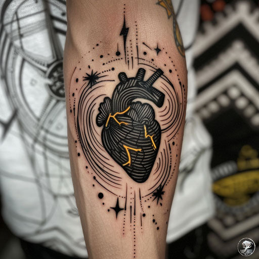 Black heart with lightning bolts and energy waves