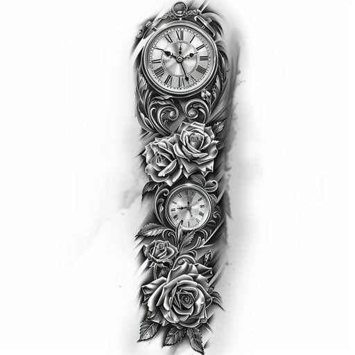 Tattoo sketch of a clock and roses in black and grey, full sleeve for men