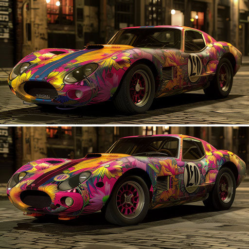 Shelby Daytona with psychedelic paint and flower power decals, embodying the spirit of the 1960s.