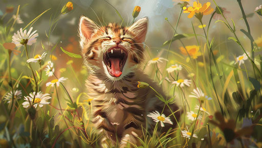 Cute kitten yawning standing in the grass