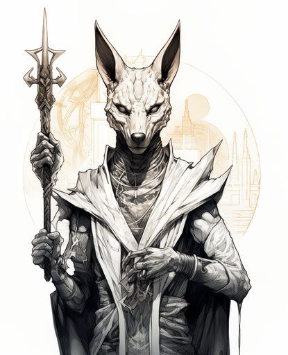 Pharaoh with chisel, sci-fi art, fawncore, ink wash style
