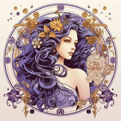 Female Virgo with flower and symbols - ink-washed style