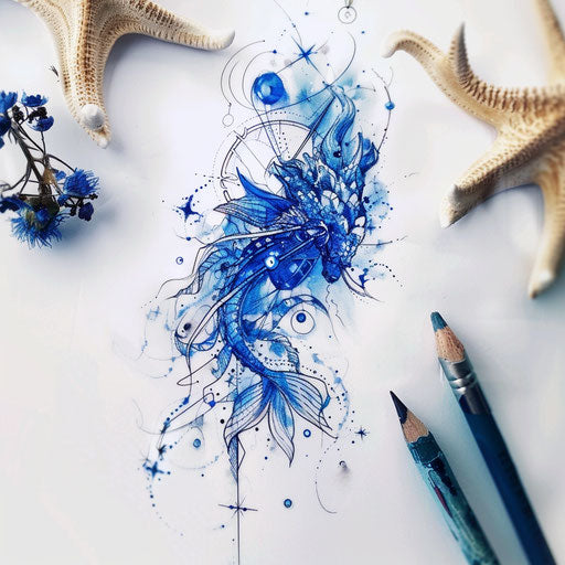 Oceanic flat tattoo sketch of the Gemini constellation with blue watercolor effects and sea creature adornments