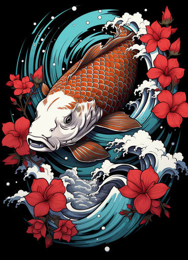 Carp with red, white flower, classic tattoo motif style