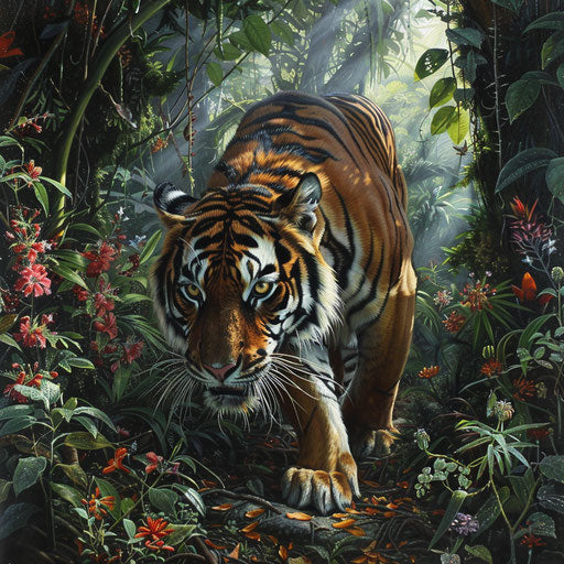 Sumatran tiger sniffing air on forest trail