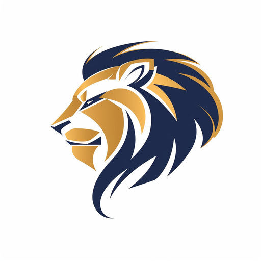 Modern lion sports logo in gold and blue on minimal white background