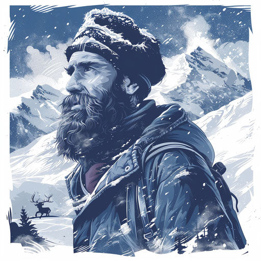 Russian mafia explorer in snowy landscape, flat tattoo sketch