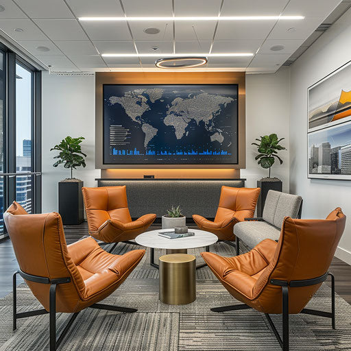 Sophisticated investment firm office with modern decor and financial charts