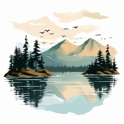 Lake illustration in the style of Chiaroscuro Art, on white background