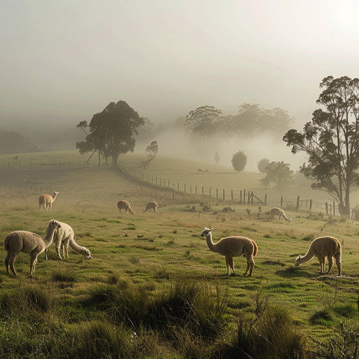 Alpacas grazing in a misty morning