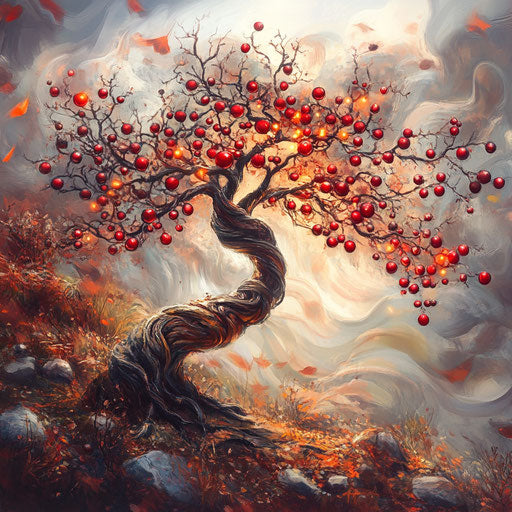 Whimsical tree with glowing red berries in swirling autumn winds